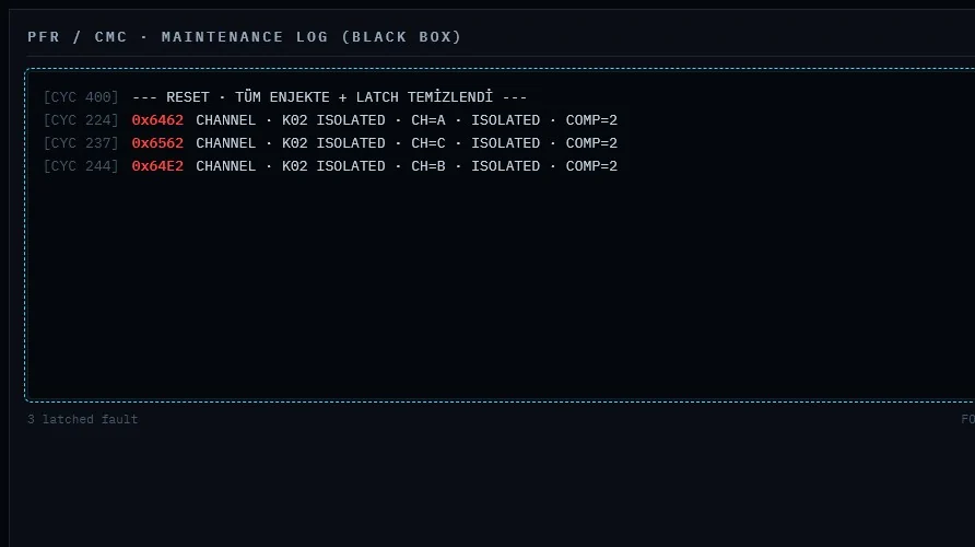 EGEMEN PFR CMC maintenance log with latched fault words